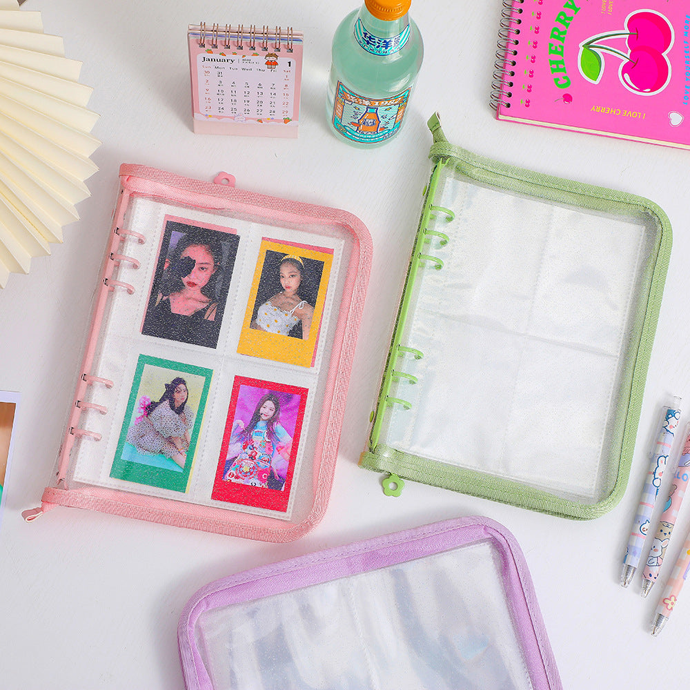 CLASSEUR À PAILLETTES A5 AVEC PORTE-PHOTO + 20 FEUILLES PLASTIQUES DOUBLE FACE AVEC 8 POCHETTES CHACUNE